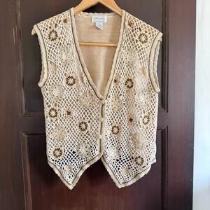 90s Vintage Margules Beige and Brown Crochet Floral Vest | Large